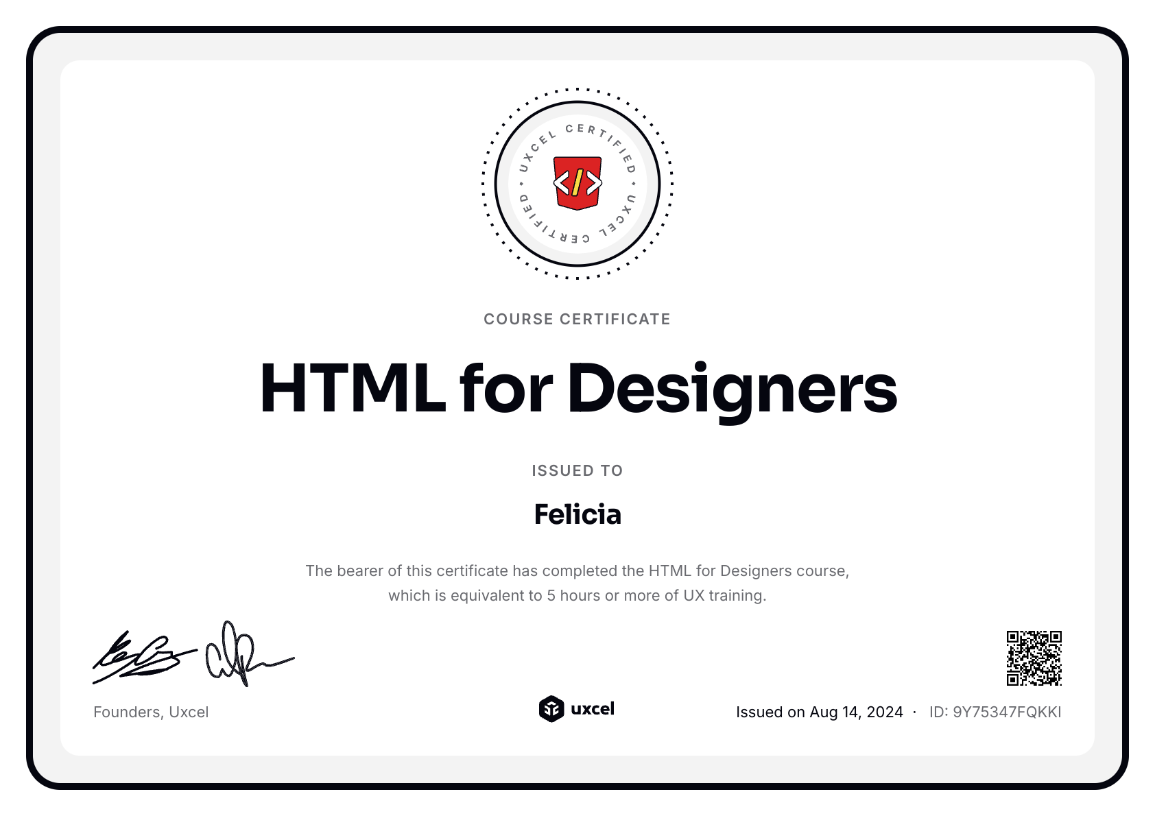 Felicia's certificate